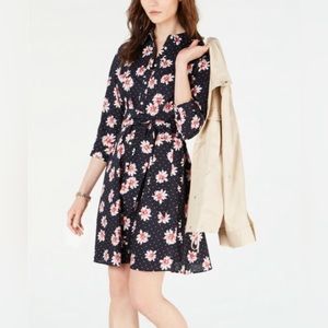 NWOT Tommy Hilfiger Navy Bue 3/4 Sleeve Button Closure Floral Shirt Dress